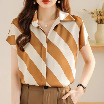 2023 Женская блузка в полоску, Офисная женская рубашка с коротким рукавом, Модные топы, одежда