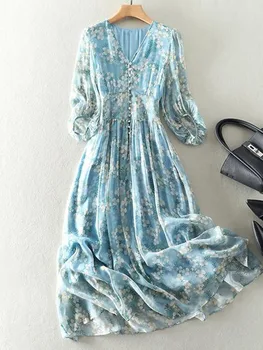 2023 Летнее платье в богемном стиле для женщин с длинным рукавом и V-образным вырезом, Элегантные синие шифоновые платья с высокой талией, пляжные длинные платья с принтом
