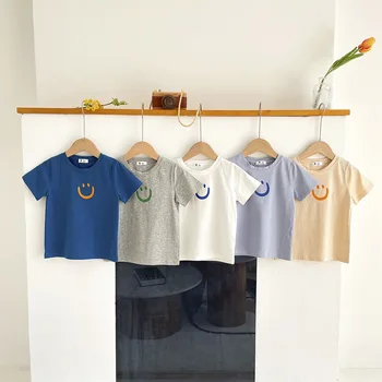 2023 Летние Детские рубашки для мальчиков, хлопковый однотонный пуловер с улыбкой, футболка с коротким рукавом, дышащие Спортивные топы для маленьких мальчиков
