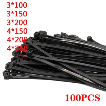 3x150/200/4*250 Самоблокирующиеся Пластиковые Нейлоновые кабельные стяжки 100шт Черные кабельные стяжки для крепления кабеля с петлей Различные характеристики