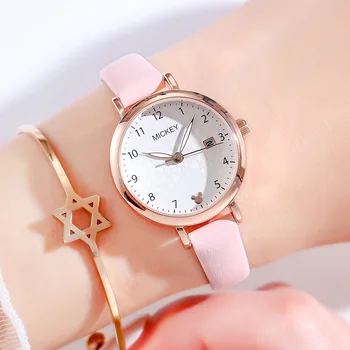 DISNEY Lady Модные женские наручные часы с кожаным ремешком Женские часы Модные повседневные Японские кварцевые часы Роскошные Знаменитые Студенческие часы