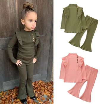 FOCUSNORM/ Модные комплекты одежды для девочек от 1 до 6 лет, 2 предмета, однотонный вязаный пуловер с длинными рукавами и оборками, Топы, расклешенные брюки