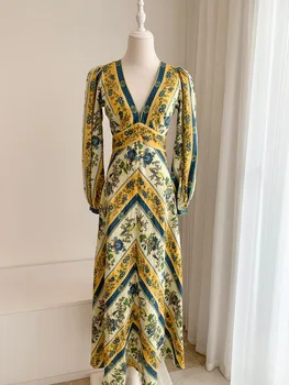 Lvydala Женское Длинное льняное платье с длинным рукавом и глубоким V-образным вырезом Миди с принтом