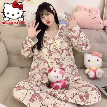 Sanrio Hello Kitty Kawaii Одежда Для Отдыха С Мультяшным Принтом Cinnamoroll Girl Розовый Пижамный Комплект Япония Сладкий Аниме Y2K Подарочная Хлопковая Пижама