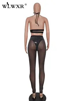 WLWXR Летний Сексуальный комплект из 2 предметов, женская одежда 2022, укороченный топ без рукавов, прозрачные сетчатые брюки, комплекты в тон, женские комплекты