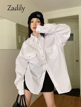 Zadily 2023, Весенняя минималистичная Женская белая рубашка с длинным рукавом в Корейском стиле, женская блузка с большим карманом на пуговицах, топ женской одежды