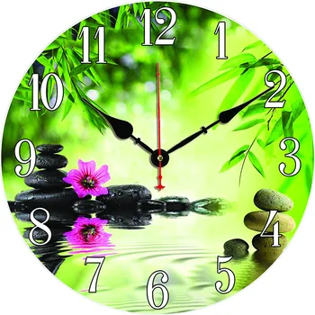 Zen Stone Зеленый Бамбук Круглые Настенные часы с прозрачной Водой Декоративные 14-дюймовые Кварцевые Аналоговые Бесшумные Подвесные Часы с батарейным питанием