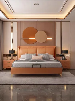 Двуспальная кровать King Size Современная роскошная кожаная кровать 1,8 м Свадебная кровать