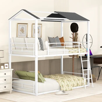 Двухъярусная кровать Twin Over Twin, металлическая кровать с половинной крышей, перилами и лестницей белого цвета