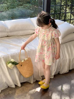 Детская одежда, платье для девочек 2023, Весна-лето, Новое модное платье с цветочным рисунком, короткий рукав, повседневное платье принцессы в милом стиле