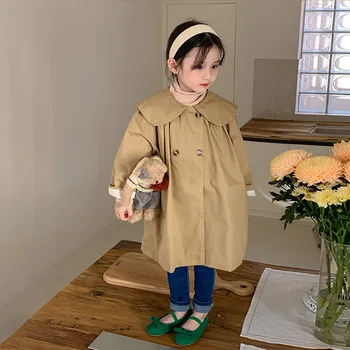 Детское пальто, ветровка для девочек, осень и зима 2022, новая Корейская детская ветровка, куртка с кукольным воротником, пальто, наряды