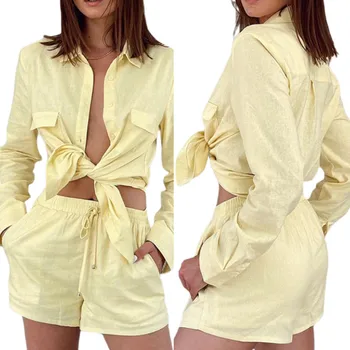 Женский комплект одежды из двух предметов: желтая однотонная рубашка с длинным рукавом и шорты с эластичной резинкой на талии, весна-осень