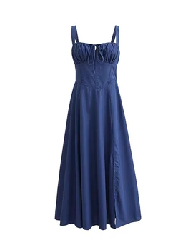 Женское синее платье миди без рукавов, Летние тонкие вечерние платья трапециевидной формы, robe femme