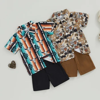 Комплект летних рубашек для мальчиков с принтом в виде головы быка в западном стиле, рубашка на пуговицах с коротким рукавом и эластичные шорты, джентльменская одежда