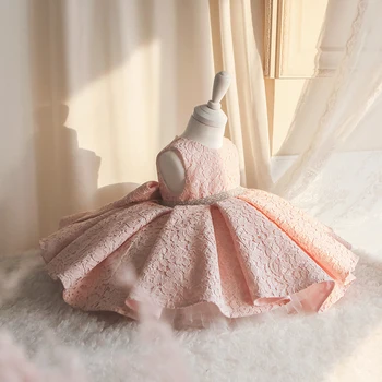 Кружевное платье для девочки из бисера, Розовые платья для крещения из тюля для девочек, одежда для вечеринки по случаю дня рождения принцессы 1-го года рождения, Свадебная одежда для детского представления
