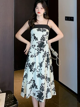 Летнее Белое платье Миди с цветочным принтом в стиле бохо Женское Элегантное повседневное пляжное платье 2023 Корейское облегающее платье с высокой талией для вечеринок Vestidos