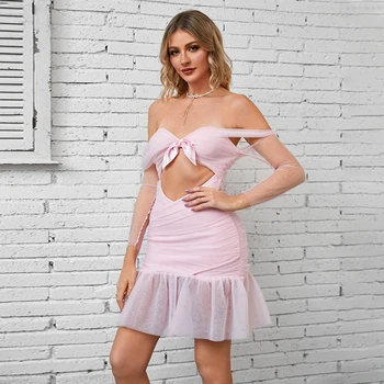 Летнее модное бандажное платье средней длины 2023, топ без рукавов из вискозы, сексуальное Розовое сетчатое вечернее платье