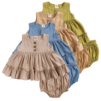 Летнее хлопковое льняное платье для маленьких девочек, рубашка + шорты из полипропилена, комплекты, костюмы, наряды