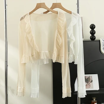 Летняя Новая блузка, женские топы, шифоновая рубашка с милыми оборками, женская рубашка в корейском стиле с длинными рукавами, женская шаль, сорочка Femme