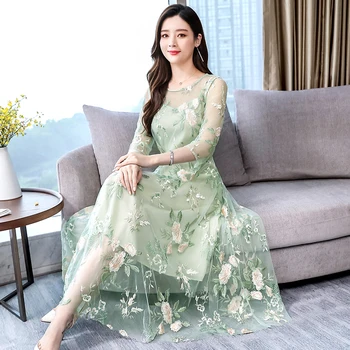 лето 2023, новая корейская версия облегающей сетчатой юбки с вышивкой и длинными рукавами, кружевное платье средней длины