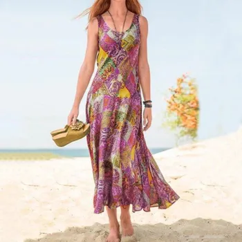 Макси-платья с U-образным вырезом и ретро-принтом в стиле бохо Для женщин, Летнее Повседневное Женское платье в богемном стиле без рукавов, одежда для пляжного отдыха, Vestidos