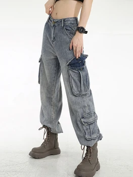 Мешковатые джинсы, женские брюки-карго с высокой талией, карманы в стиле пэчворк, Корейская уличная одежда, Джинсовые Широкие брюки Y2K 2023, Весенний винтаж,