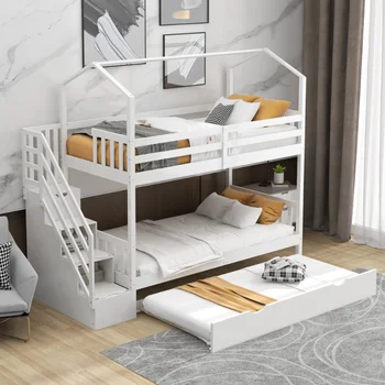 Многофункциональная двухъярусная кровать Twin Over Twin House с лестницей и местом для хранения\ Белая сосна [на складе в США]