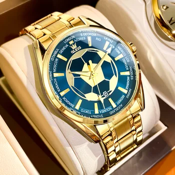 Мужские часы OLEVS, кварцевые часы для мужчин, лидирующий бренд, водонепроницаемые наручные часы из нержавеющей стали, золотисто-синий футбольный циферблат