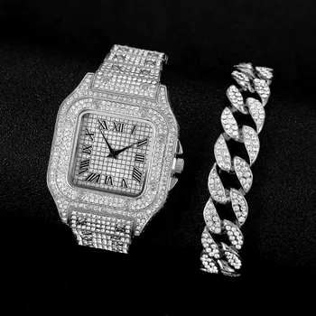 Набор часов-браслетов из 2 предметов, Квадратный большой размер, Модный Роскошный календарь из сплава с бриллиантами, мужской подарочный браслет, мужские часы