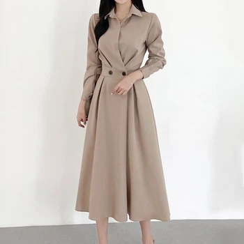 Новая мода Корея Япония Женские Длинные платья с отложным воротником и длинным рукавом Французское Элегантное однотонное Офисное Женское повседневное платье