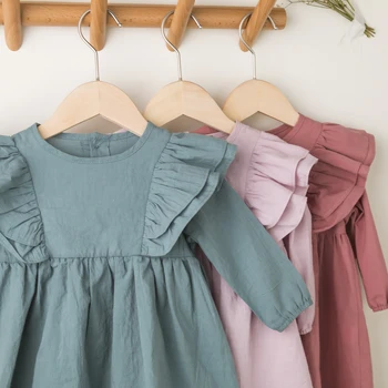 Осенняя одежда с круглым вырезом и длинными рукавами для маленьких девочек 0-6 лет, хлопковое платье для малышей, новинка 2023 года