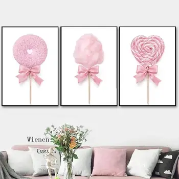 Плакаты и принты в скандинавском стиле, розовая сахарная вата, пончик на палочке, картина на холсте, настенные панно для украшения магазина десертов для девочек
