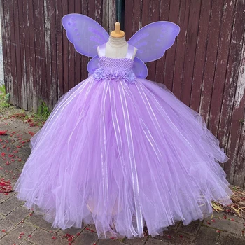 Платье Феи с цветами лаванды для девочек, детское платье-пачка с бабочкой, бальное платье с блестящими крыльями, детский праздничный костюм, платья принцессы