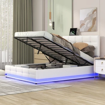 Полноразмерная Кровать-платформа с Ворсистой обивкой и Гидравлической системой хранения, Кровать-платформа из Полиуретана со светодиодной подсветкой и USB-зарядным устройством, Белый