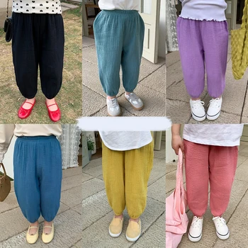 Противомоскитные штаны для маленьких девочек и мальчиков, хлопчатобумажные брюки ярких цветов для малышей, летняя детская одежда в корейском стиле 2023 года.