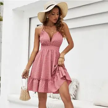 Сексуальные Женские летние платья Розовое шифоновое модное платье с открытой спиной