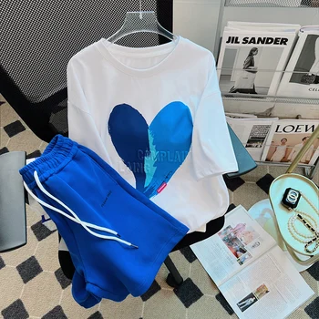 Синий повседневный спортивный комплект для женщин на лето 2023, новая футболка с короткими рукавами и шорты, комплект из двух предметов M-5XL 40-150 кг