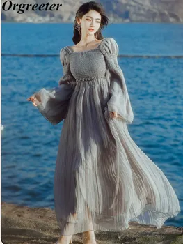 Французское ретро-темпераментное Однотонное Летнее платье миди-длины для женщин с открытыми плечами, винтажное праздничное платье с рукавами-пузырями