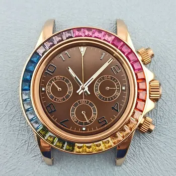 Часы с хронометражным кодом VK63 Механизм VK63 Корпус часов из нержавеющей стали 316L, Сапфировое стекло, Розовое радужное кольцо, водонепроницаемый корпус, кварцевый Ват