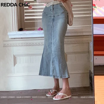 Юбка Русалка из эластичного денима REDDACHiC с разрезом и высокой талией, повседневные брюки миди-длины синего цвета, стильная корейская женская уличная одежда