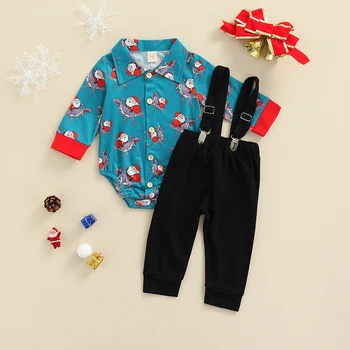 FOCUSNORM, Рождественские Осенние комплекты одежды для маленьких мальчиков, Рубашка с длинными рукавами и принтом Санта-Клауса, комбинезон + Брюки-комбинезоны
