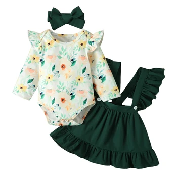 Комплект Одежды из 3 предметов для новорожденных девочек, комбинезон с длинными рукавами и цветочным принтом в виде листьев + однотонная юбка на бретелях с оборками + повязка на голову
