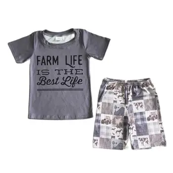 Летняя одежда для маленьких мальчиков с коровами, фермерская жизнь-лучшая жизнь, Серая рубашка с коротким рукавом, Шорты Оптом, Детский комплект модной одежды