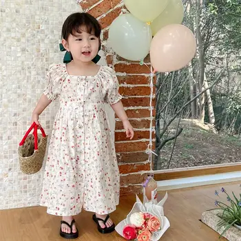 Новая летняя одежда для девочек 2023 года, Корейское длинное платье, однобортное Льняное длинное платье с пышными рукавами, вечерние платья принцессы Оптом