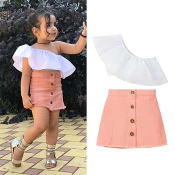 Одежда из двух предметов для девочек, модный детский наряд, топы с оборками на наклонных плечах для маленьких девочек + юбки с высокой талией