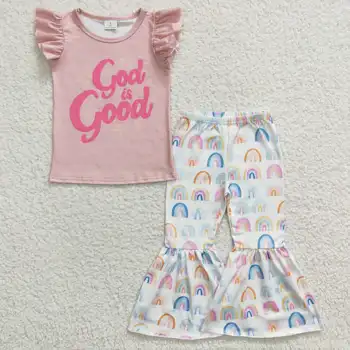 Последнее обновление Оптовые Розовые Футболки Детские Расклешенные комплекты Детские наряды Rainbow Sassy Для маленьких девочек Бутик одежды