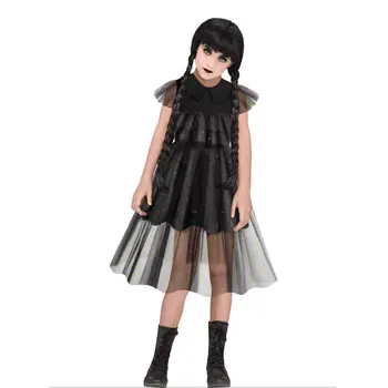 Семейное платье Wednesday Addams для маленькой девочки, косплей-костюм на Хэллоуин, детское кружевное платье принцессы для вечеринки, детская туника из ткани