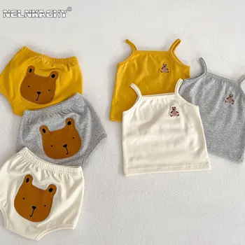 Слинг для новорожденных девочек и мальчиков, однотонный топ с вышивкой Медведя, жилет + Шорты, Комплект тонкой хлопчатобумажной одежды для малышей, милый комплект из 2 предметов